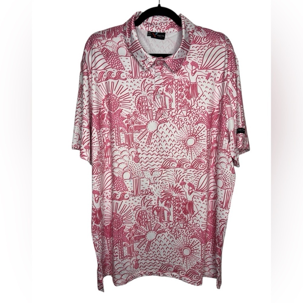 YATTA GOLF Shaka Life Hawaiian Pink White Tropical Hula Golf Polo Shirt SZ XXL